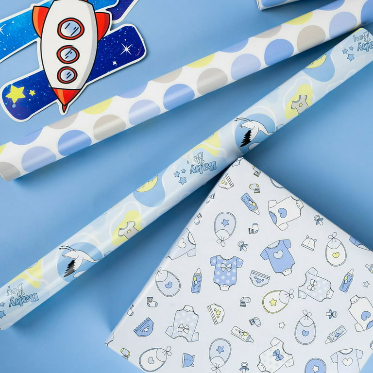 Dtiafu Baby Shower Wrapping Paper for Baby Boy Infant - 12 Sheets Baby Blue  Gift Wrap with Bear Star Cake Moon Sweet Dreams Patterns - 19 x 27inch Per