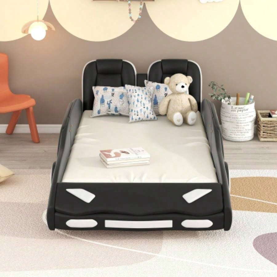 Twin Size Race Car - Shaped Platform Bed with Wheels, Black