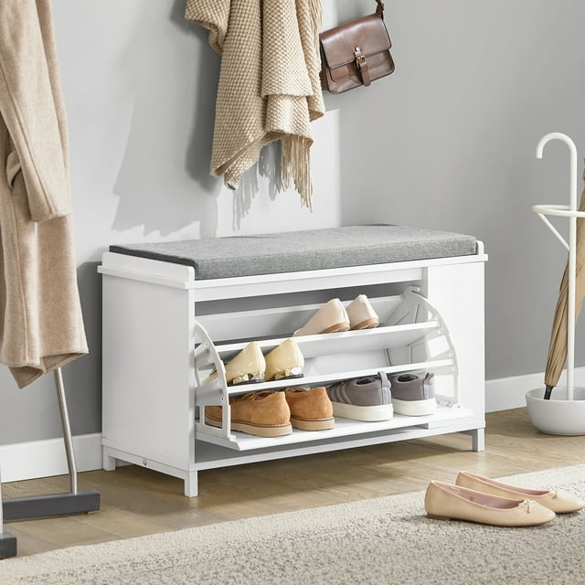 SoBuy FSR105-W, White Flip-Drawer Shoe Bench, Storage Bench with Side Shelf and Removable Seat Cushion