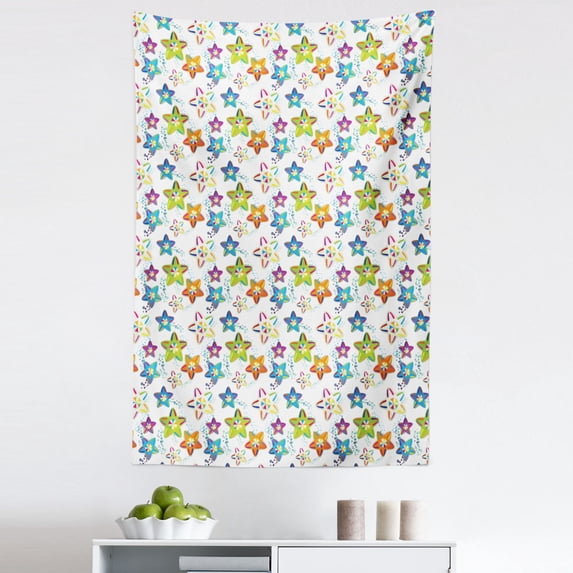 Stars Tapestry, Colorful Stars with Umbrellas on a Dotted Background Cartoon Style Celestial Shapes, Fabric Wall Hanging Decor for Bedroom Living Room Dorm, 5 Sizes, Multicolor, by Ambesonne
