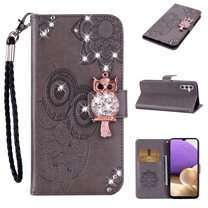 Wallet Case for Samsung Galaxy A14 5G, Embossed Owl Bling Diamond Premium PU Leather [Folio Flip][Kickstand][Card Slots][Wrist Strap][Kickstand]Phone Cover for Samsung Galaxy A14 5G, Gray