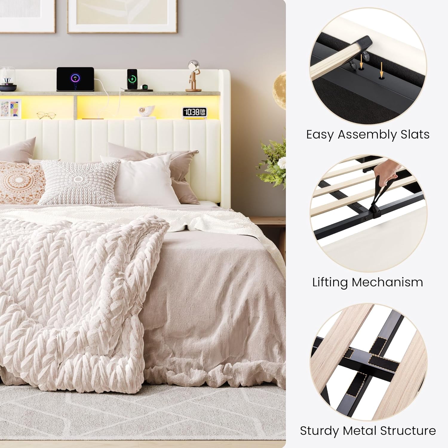 SHA CERLIN Queen Size Lift Up Storage Bed Frame, LED Lights, Charging Station, 2-Tier Shelves Headboard, USB Type-C Ports, Velvet Upholstered, Hydraulic Support, Noise Free, Cream