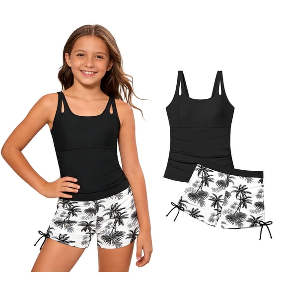 Swimsuit Girls Tankini Set Strap Hawaii Print Swimwear with Drawstring Shorts Bathing Suits for Girls 15-16 Years