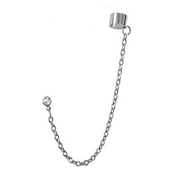 iJewelry2 Silver Tone Stainless Steel Link Chain Ear Cuff Earring with Round Cut Clear Crystal Stud
