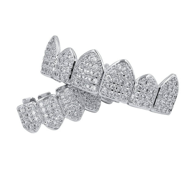 Lujo 18k Chapado en Oro Hop sparkling Fangs Caps Tapa E Inferior Parrilla Zircon Set Halloween Hombres Plata