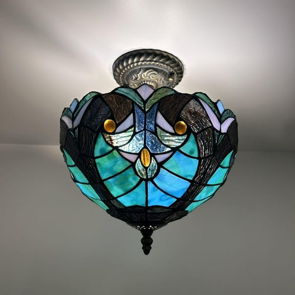 Tiffany 12-Light Stained Glass LED Ceiling Fixture, Brown Green, 12"W*12"D*12"H