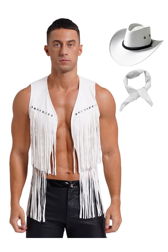 Men's Vintage Tassel Cowboy Waistcoat with Cowboy Hat and Bandanna Cowboy Halloween Fancy Dress White XL