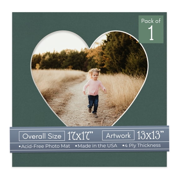 Spruce Green Picture Frame Mat for 17x17 Frames - Heart Opening for 13x13 Photos - 1 Mat
