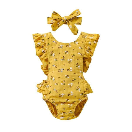

Knosfe Baby Lace Ruffle Solid with Headband Short Sleeve Summer Bodysuits