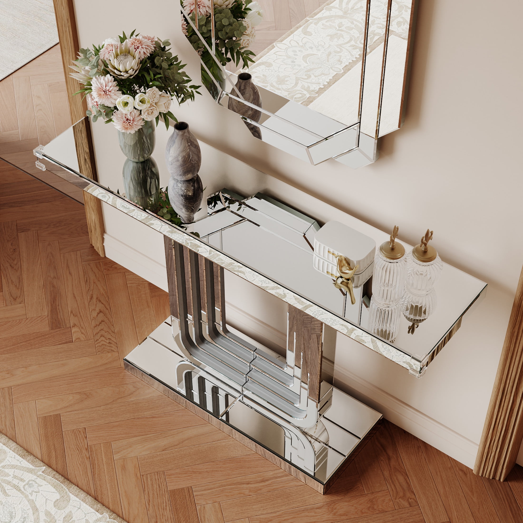 Noble house Mirrored Console Table, Silver Entryway Table with U-Base and Hand-Spliced Line Design,Silver