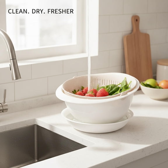 Beige Double Layer PP Plastic Colander for Kitchen Food Rinsing and Draining
