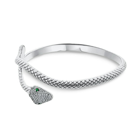 Bling Jewelry Womens Green Eye CZ Bypass Wrapping Serpent Snake Cuff Bangle Bracelet Silver Plated