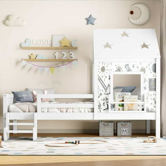 [Luckynote]Twin House Beds with Low-Profile Stairs and a Window, Solid Wood House Platform Bed with a Bookcase, Blackboard Design, and Cute Star-shape Roof, No Box Spring Needed, White