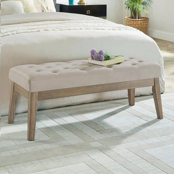 Light Taupe Velvet Tufted Bench with Solid Wood Legs, Bed or Entryway