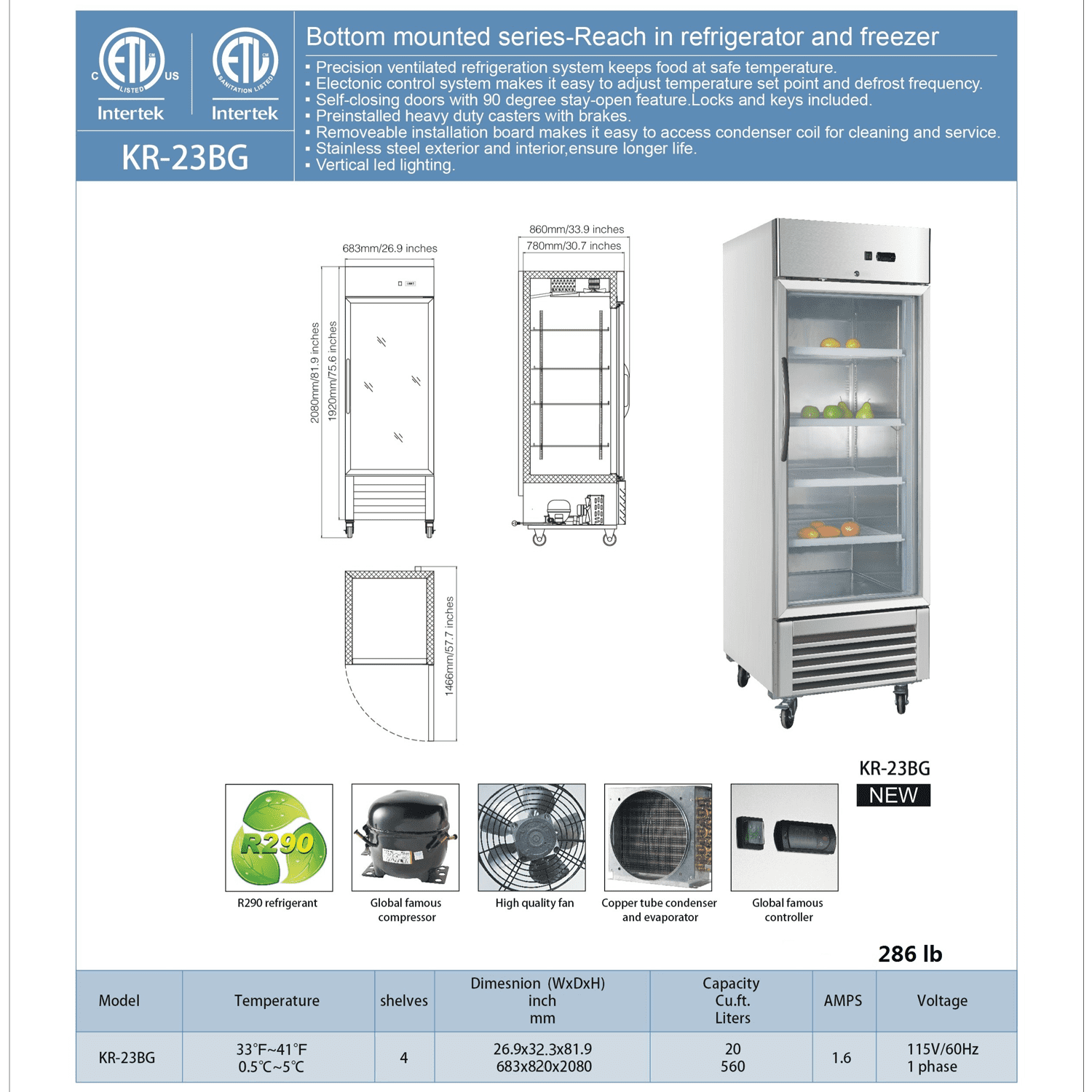 Cooler Depot Commercial Refrigerator 27 /2 inch , 20 cu.ft, Glass Door Stainless Steel Frame Merchandiser, NSF Certified