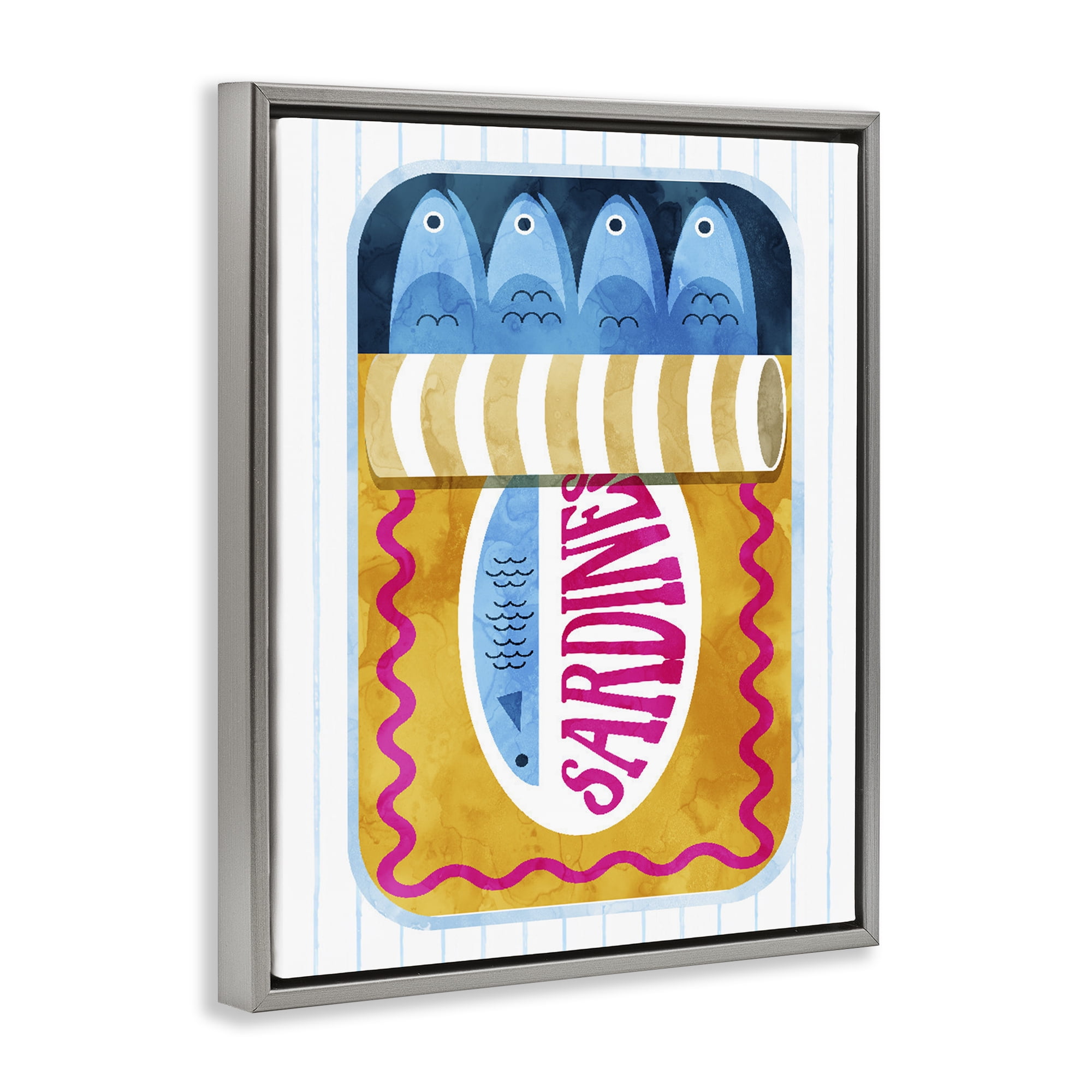 Yellow Sardine Tin over Stripes Gray Framed Floater Canvas Wall Art, design by Daphne Polselli