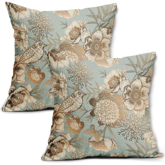 Vintage Floral Pillow Covers 18X18 Inch Set of 2 Rose Gold Flowers Bird Butterfly Decorative Pillow Cases Blue Brown Cushion Case Teal Farmhouse Home Decor for Sofa Couch Living Room
