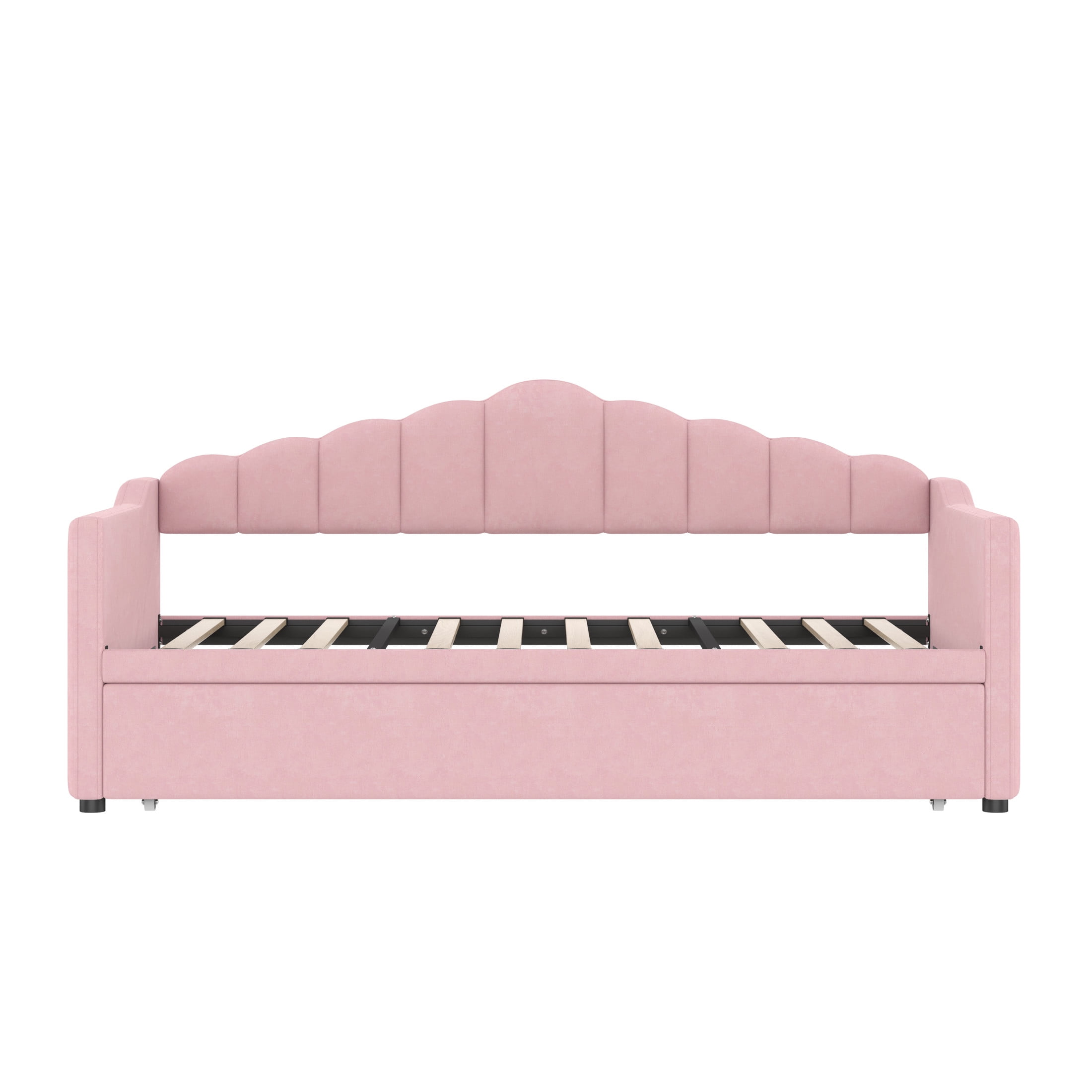 Noble House Upholstered Twin Size Daybed with Adjustable Height Pop Up Trundle Twin Bed and Charging Port 2 Side Pockets,Pink