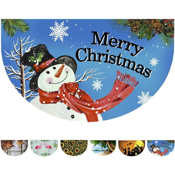 Half Round Rubber Door Mat, Decorative Indoor Outdoor Christmas Doormat Non Slip Front Door Mat, Easy to Clean Low Profile Mat for Entry Patio Garage High Traffic Areas, 17.7" x 29.5" (Xmas Doormat)