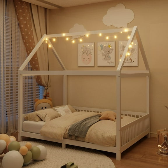 Full Size Pine Wood Platform Bed with Guardrail and LED, White