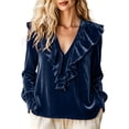 thumbnail image 2 of ClodeEU Women V Neck Ruffle Trim Long Sleeve Velvet Blouse,Casual Elegant Loose Dressy Shirt Dark Blue,Women's Plus XL, 2 of 6