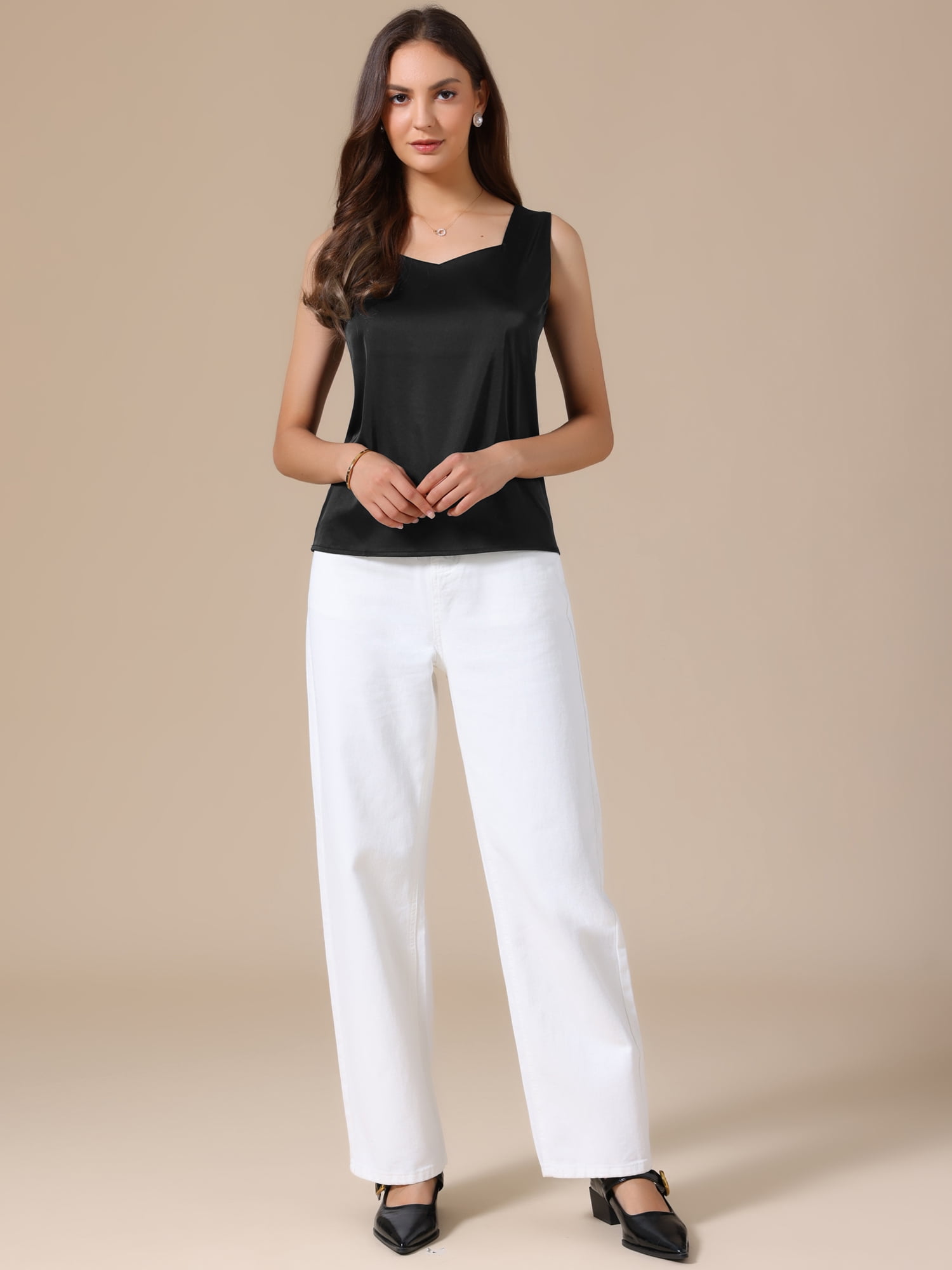 DARING DIVA Women's Satin Tank Tops V Neck Dressy Casual Sleeveless Silk Camisole Top L Black
