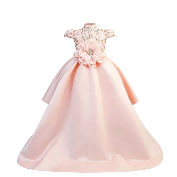 Bobifish Toddler Girls Dress Elegant Satin Embroidered 3D Flower Train Dress Party Evening Formal Occasions Children Girls Dresss