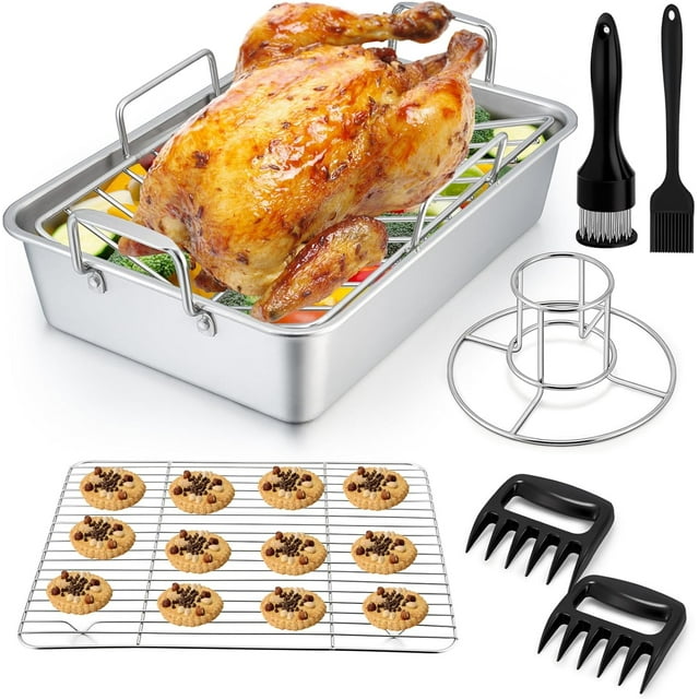 Ensemble de Rôtissoires P&P CHEF (8 Pcs), Rôtissoire à Dinde en Acier Inoxydable de 14 Pouces, Grilles Plates et en V pour Rôtir et Support pour Poulet en Conserve de Bière, Griffes pour Viande et Attendrisseur, Brosse, Sain et Robuste