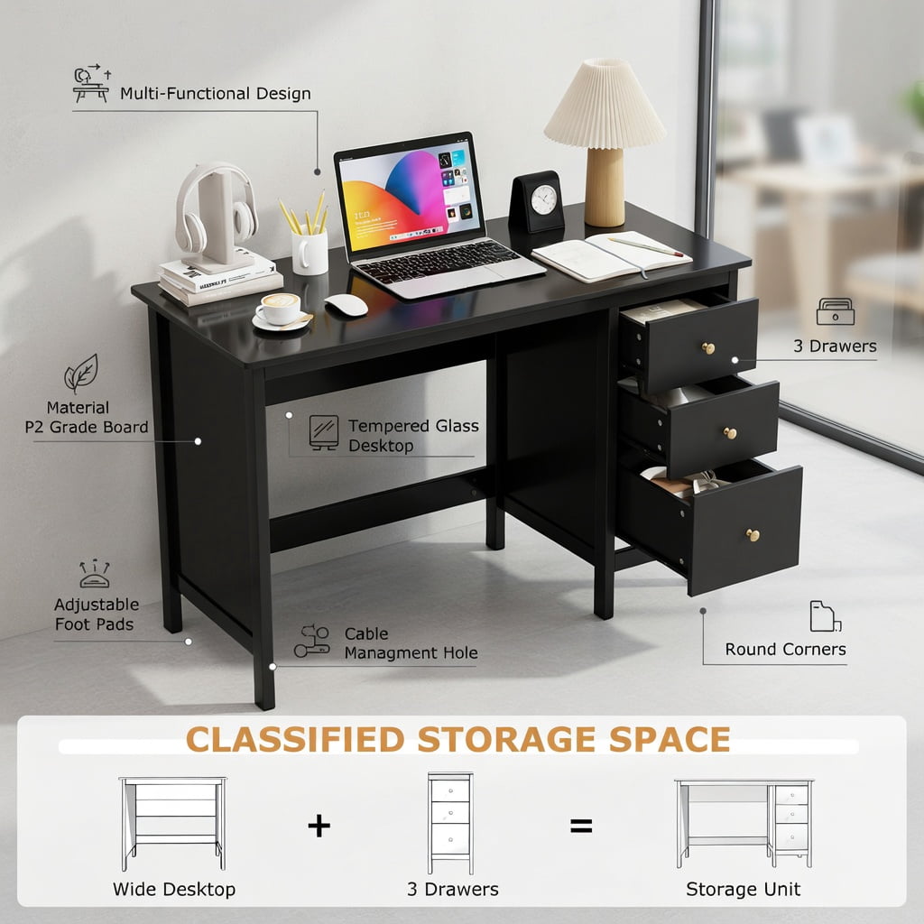 Yardi Yard 3-Drawer Home Office Study Computer Desk with Spacious Desktop-Black, Computer Desk, Gaming Computer Desks for Study,Working,Writing