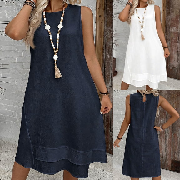 Ndbuld Backless Cami Dress Fashion Women Summer Solid Casual V-Neck Sleeveless Knee-High Dress Navy Xl