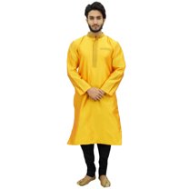 Atasi Designer Indian Ethnic Men's Yellow Kurta Pyjama Long Dupion Shirt-L