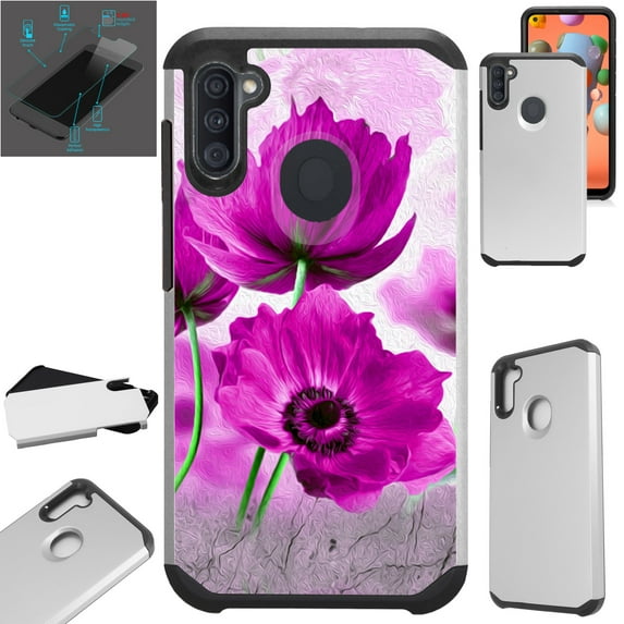 WORLD ACC Fusion Phone Case Compatible with Samsung Galaxy A11 + TEMPERED GLASS Hybrid TPU Phone Cover (Pink Peony Flower)