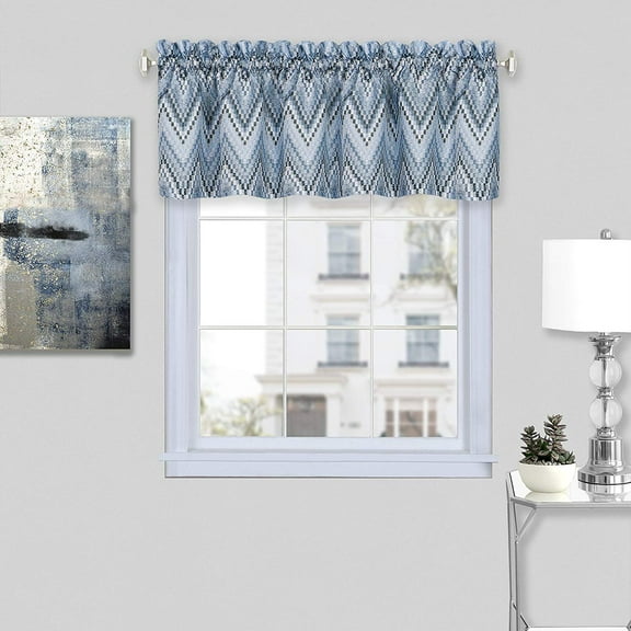 Woven Trends Geometric Chevron Light Filtering, Modern Living Room Half Rod Pocket with 100% Polyester, 3-Piece Window Kitchen Tier Pair Panels and Valance Set 58 x 24 Inches, Light Blue