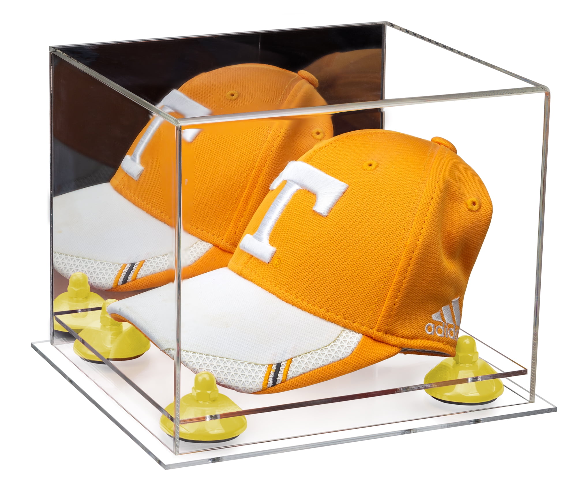 Acrylic Baseball Hat or Cap Display Case with Mirror, Yellow Risers and