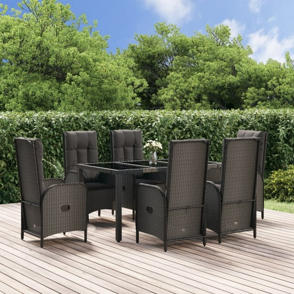 vidaXL 7 Piece Patio Dining Set with Cushions Black and Gray Poly Rattan