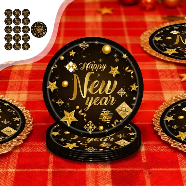 Juego de platos y vasos desechables para fiestas | Vajilla para la celebración de Nochevieja | Platos, vasos y servilletas de papel de 18 cm y 23 cm