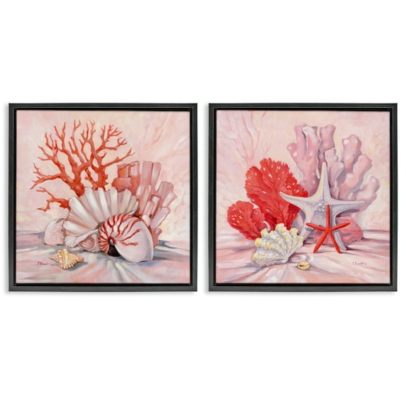 Stupell Industries Pink Coral Still Life Nautical & Beach Painting Black Floater Framed Canvas Art Print Wall Art, 18 x 18, Set of 2