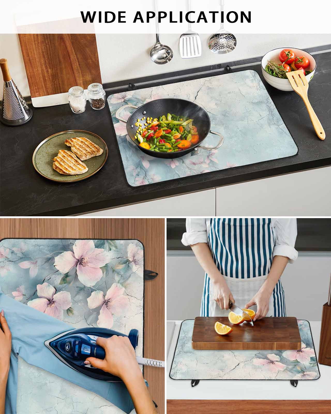 nqOlkjepod Large Induction Cooktop Protector Mat 24"x21", Pink Spring Flower Stove Top Covers for Electric Stove, Retro Blue Wall Mottled Pastoral Stove Burner Cover Mats, Glass Top Stove Cover