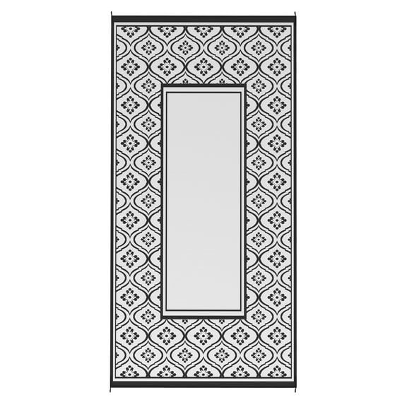 Outdoor Rug 9x18 Reversible - Waterproof RV Patio Rug with Carry Bag - Black & White Gourd Border - Camping, Beach, Picnic