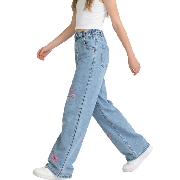 Girls Floral Embroidered Wide Leg Jeans Light Blue High Waisted Elastic Waist Casual Pants US Sizes 6-14,Size 12-13T