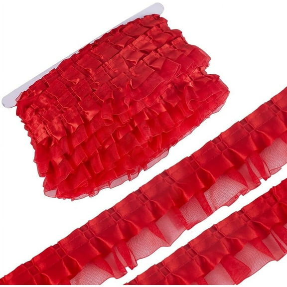 22 Yards 2 Layer Organza Lace Ribbon Pleated Satin Lace Edge Trim 1.6 Inch Wide Red Ruffle Chiffon Edging Trimmings Tulle Fabric for Cloth Applique Embellishment DIY Sewing Crafts Red