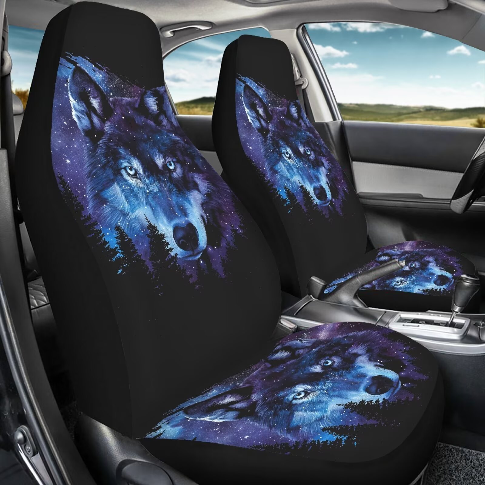 Yuyamidu Wolf Front Seat Covers for Cars Front Seats Only 2 Pack Car Seat Decor Galaxy Auto Seat Cover Sets Auto Accessories for Women Men