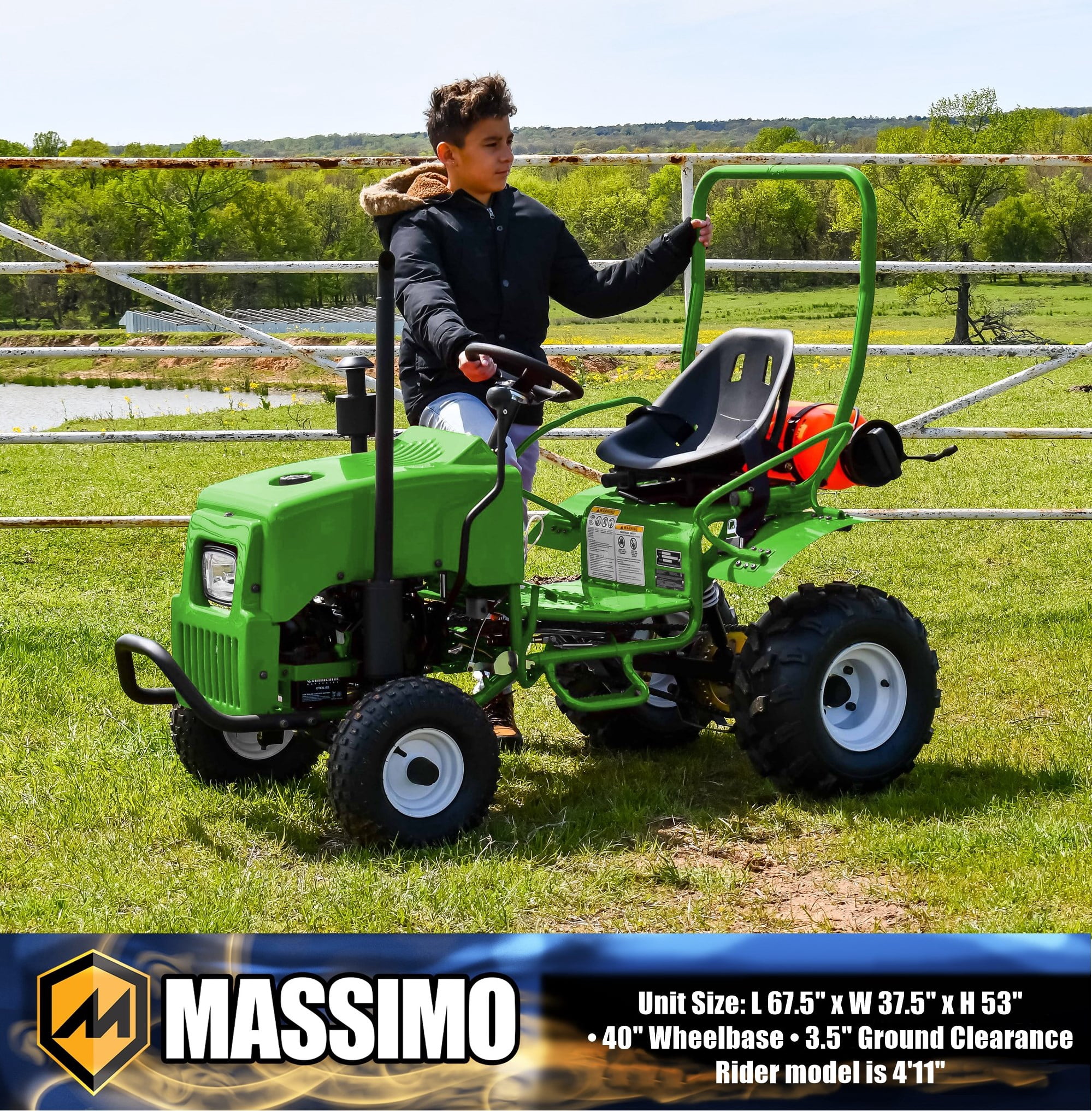 Massimo Mini Tractor 110cc 2WD Gas Go Kart – Kids & Youth Ride-On Utility Vehicle – Green