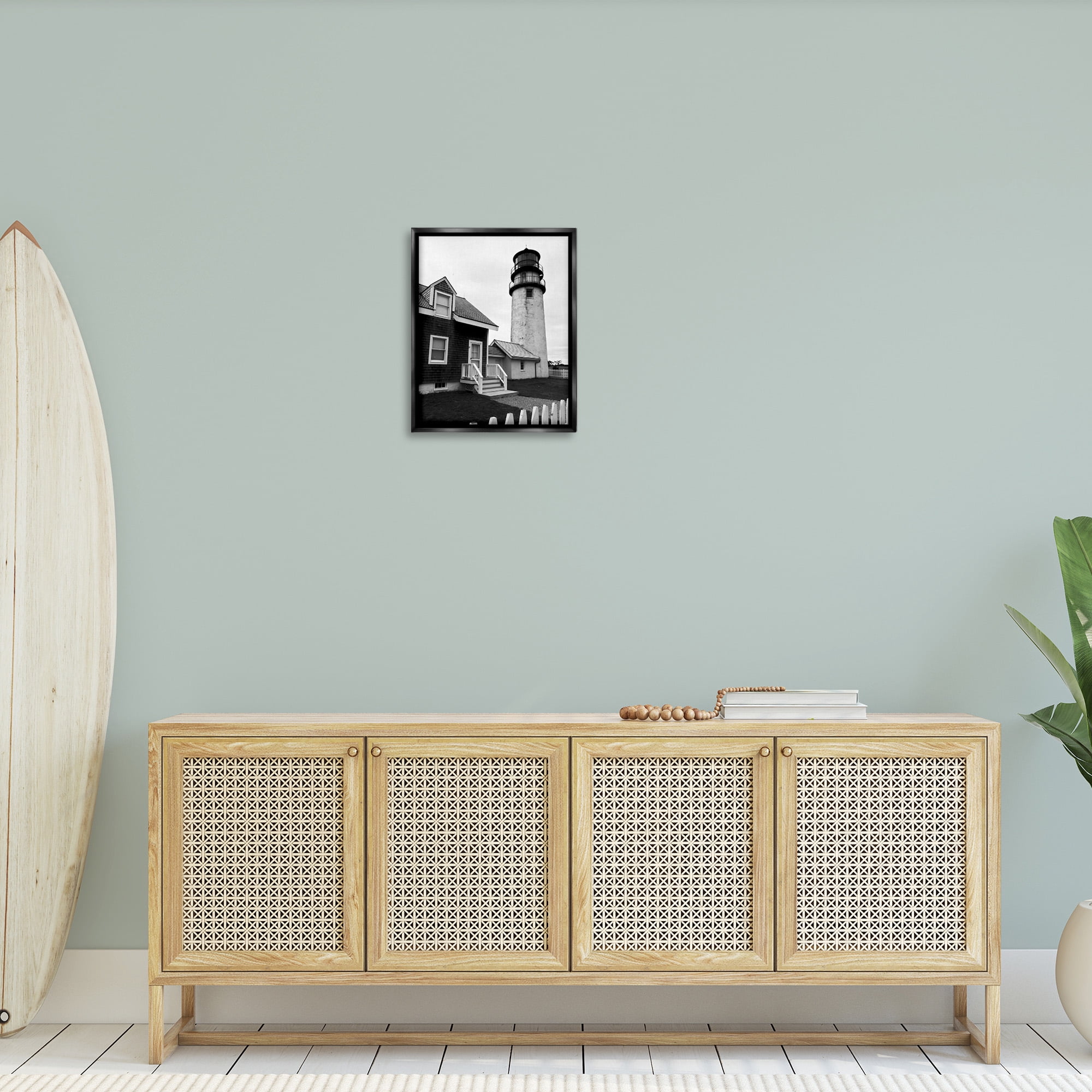 Stupell Industries Coastal Lighthouse with Fence Nature Photography Black Floater Framed Canvas Art Print Wall Art, 17 x 21