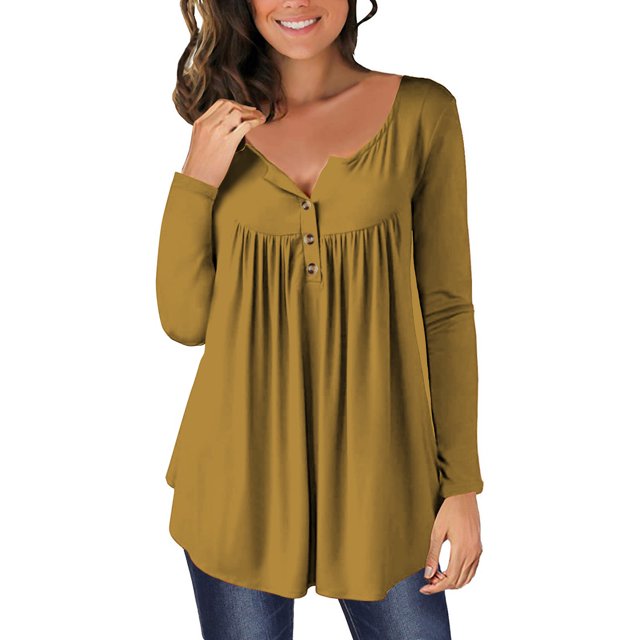 AherBiu Women's Tunics Tops Long Sleeve Button Round Neck Blouses Loose Fitting Flowy Fall Shirts