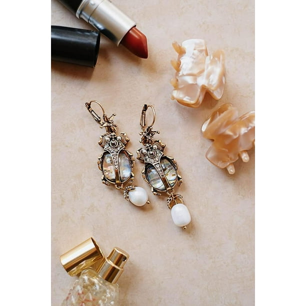 Beetle earrings with dangling pearls outlet