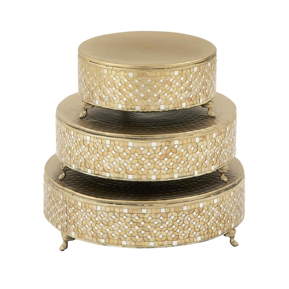 DecMode Metal Gold Glam Mosaic Patterned Decorative Cake Stand, Set of 3 19", 17", 13"W