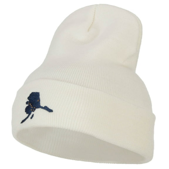 Alaska Flag Map Embroidered Long Beanie - White OSFM