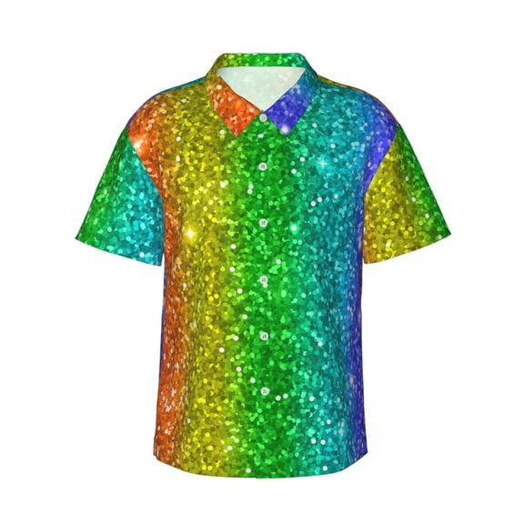 Rainbow Sparkling Hawaiian Shirts For Men, Summer Short-Sleeve Relaxed-Fit Button-Down Shirts Small