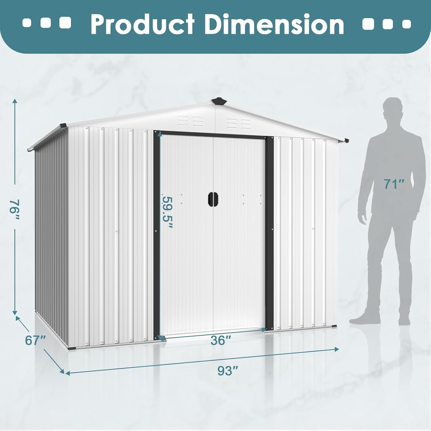 SOLAURA 8'x6' Outdoor Metal Storage Shed Garden Tool Shed with Sliding Door - White